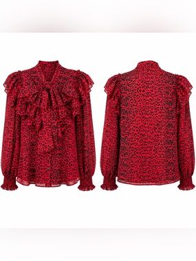 Truth Red and Black Leopard Print Ruffle Blouse